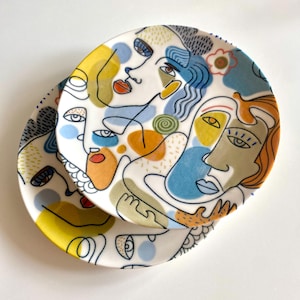 Handmade Ceramic Dessert Serving Plate Set (2 Pcs) | Cubist Abstract Art Themed | Wall Decor Serving Plate | Gift Mother Birthday Valentine
