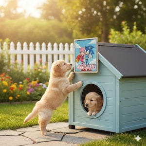 May include: Two golden retriever puppies interact with a light blue dog house. One puppy stands on its hind legs, paws on the house, while another looks out from the round doorway. A sign with cartoon characters and the text "ANNIE KATE" is attached to the house.