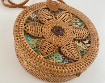 Handmade Round Rattan Bag | Ethnic Lined Woven | Bohemian Shoulder | Natural Beach Purse
