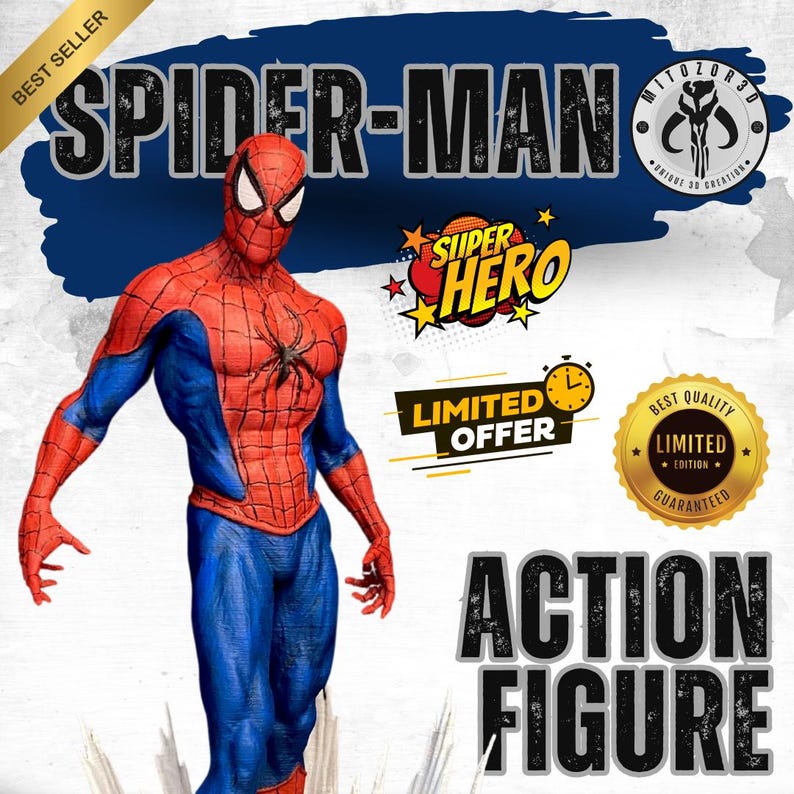 Pode incluir: Figura de a&ccedil;&atilde;o do Homem-Aranha, com seu traje vermelho e azul. A imagem inclui os textos "Spider-Man", "Super Hero", "Limited Offer" e "Action Figure".