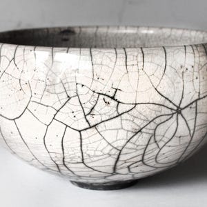 May include: A ceramic bowl featuring a white glazed surface with a prominent black crackle pattern. The bowl has a rounded, deep shape with a smooth rim and a visible dark base, showcasing a network of fine lines across the entire exterior.
