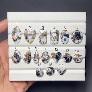 Puede incluir: Una colección de diecisiete piedras preciosas cabujón pulidas dispuestas en un expositor blanco. Cada piedra presenta un patrón distintivo de vetas blancas, negras y de color cobre metálico. Las piedras están numeradas del 1 al 17 y varían en forma.