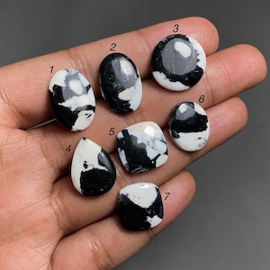Puede incluir: Siete piedras preciosas pulidas con una mezcla de patrones en blanco y negro. Las piedras varían en forma, incluyendo ovaladas, redondas y cuadradas. Las piedras preciosas se sostienen en una mano, mostrando sus texturas y colores naturales.