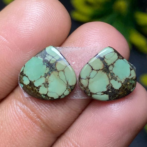Natural Hubei Turquoise Pair Cabochon – Smooth Flat-Back Gemstone for Jewelry Making - Hubei Turquoise Loose Stone  12x13x2mm • 7 CTS, 8543