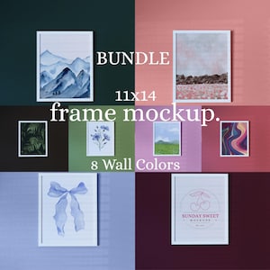 May include: A frame mockup bundle with eight different wall colors. The frames are 11x14 inches and contain various watercolor art prints, including landscapes, floral designs, and abstract art. The text "BUNDLE 11x14 frame mockup. 8 Wall Colors" is displayed.