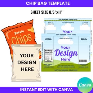 Canva Chip Bag Template, Canva Template, Custom Chip Bag, Chip Bag Template Canva, Custom Potato Chip Bag, Chip Bag Editable, Party Chip Bag