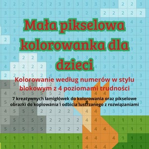 Pode incluir: Um livro de colorir pixel art para crianças. A imagem apresenta uma grade com números e uma imagem pixelizada de uma raposa. O texto diz "Livro de colorir pixel para crianças" e "Colorir por números em estilo bloco com 4 níveis de dificuldade."