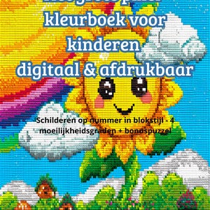 May include: A colorful pixel art illustration featuring a smiling sunflower with a rainbow and clouds. Text in Dutch reads "The big pixel coloring book for children, digital & printable." Additional text mentions painting by numbers and difficulty levels.
