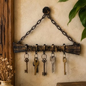 Puede incluir: Un soporte de pared para llaves con una barra metálica horizontal de acabado oscuro y desgastado, que cuenta con cinco ganchos. Una cadena de metal conecta la barra a un punto de montaje superior. Cinco llaves metálicas cuelgan de los ganchos.