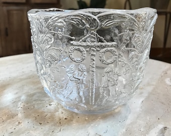 Vintage Kosta Boda four panel Rhapsody Glass Bowl by Kjell Engman, Swedish Art Glass Midsummer Maypole, Boy/Duck, Reindeer, Spire