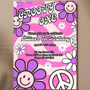 Invitación de primer cumpleaños de Groovy One • Plantilla de fiesta bohemia retro de los 70 • Invitación digital editable para cumpleaños de niña; Invitación imprimible personalizable
