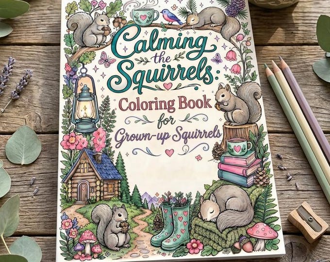 Adult Coloring Book Calming the Squirrels Printable | Stress Relief | Whimsical Woodland Squirrels | Instant Digital Download US Letter & A4