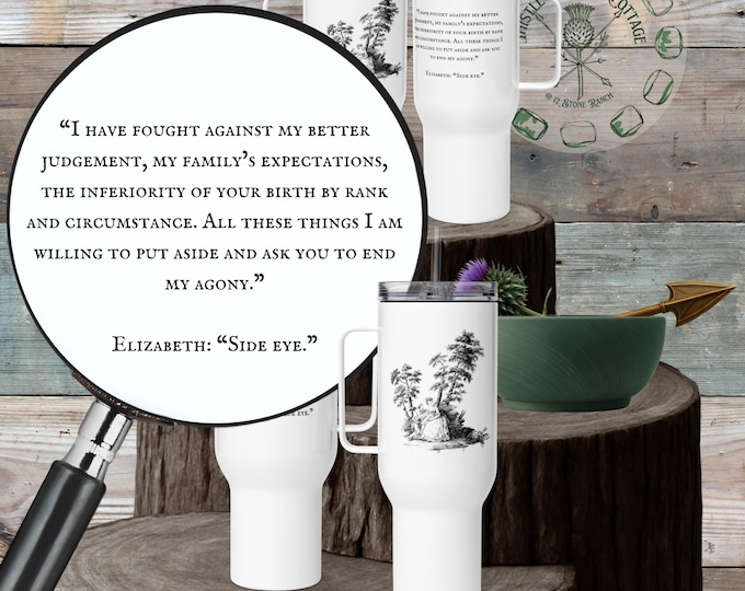 Pride and Prejudice Side Eye Travel Mug | Mr. Darcy Confession Tumbler | Vintage Toile Art | Book Lover Gift | 25oz and 40oz