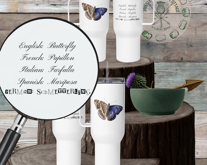 Schmetterling Multilingual Travel Mug Tumbler | German Language Humor | Vintage Butterfly Aesthetic