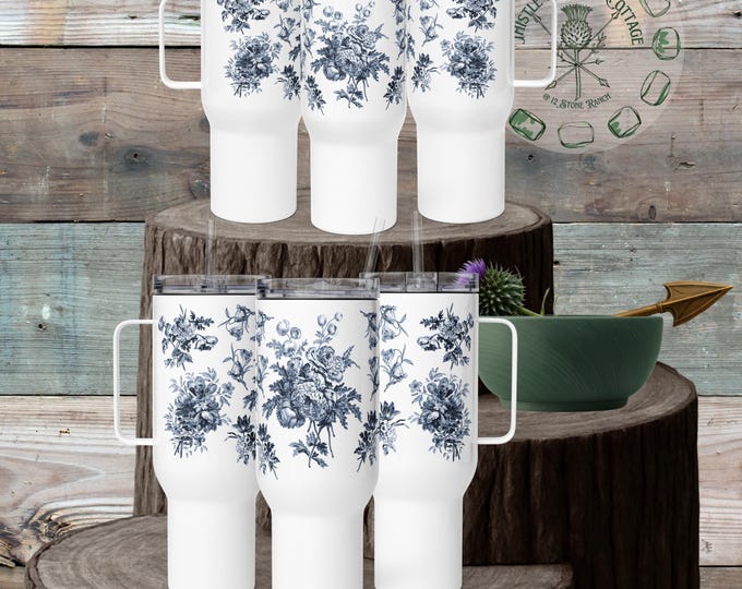 Blue Floral Toile Travel Mug • Vintage Cottagecore Tumbler 25oz 40oz