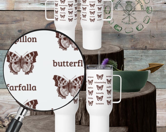 Vintage Butterfly Multilingual Travel Tumbler Stanley Style Cup Mariposa Papillon Farfalla Schmetterling Borboleta 40oz 25 oz