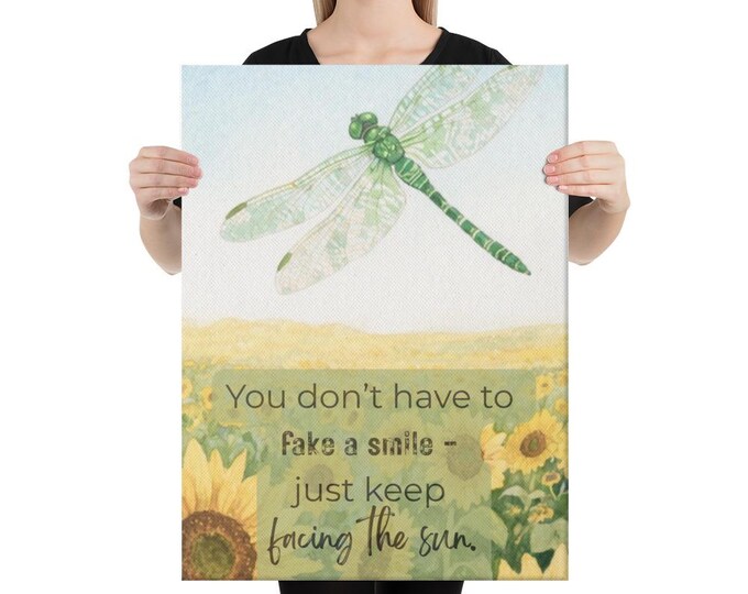 Keep Facing the Sun CANVAS ART | Watercolor Dragonfly and Sunflowers | Inspirational Wall Art | Mental Wellness