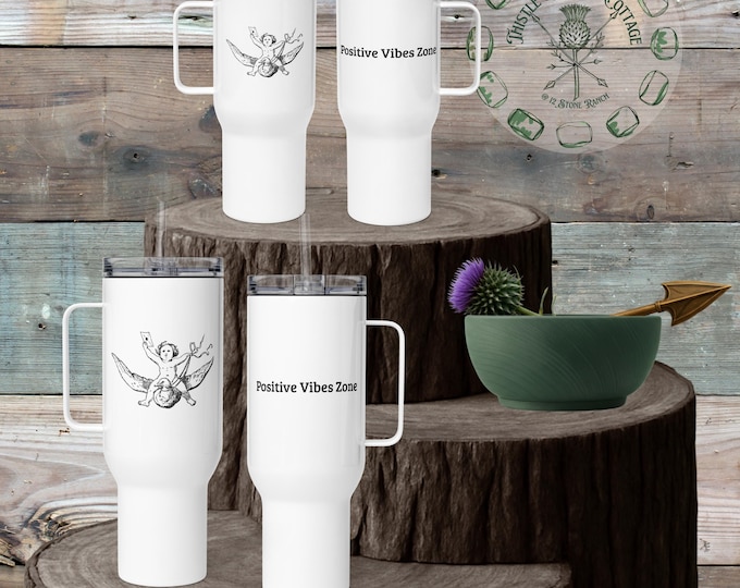 Positive Vibes Zone Travel Mug • Vintage Cherub on Bird Art • Funny Whimsical Stanley Style Tumbler • 25oz 40oz Cup with Straw