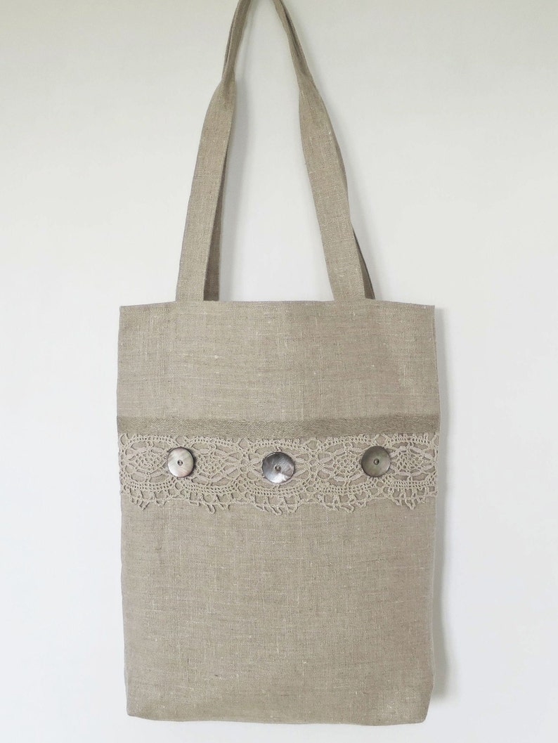 3 Pockets Vintage Crochet Lace Gift For Her Natural Rustic Linen Handbag Antique Pearl Buttons Linen Handles Fully Lined