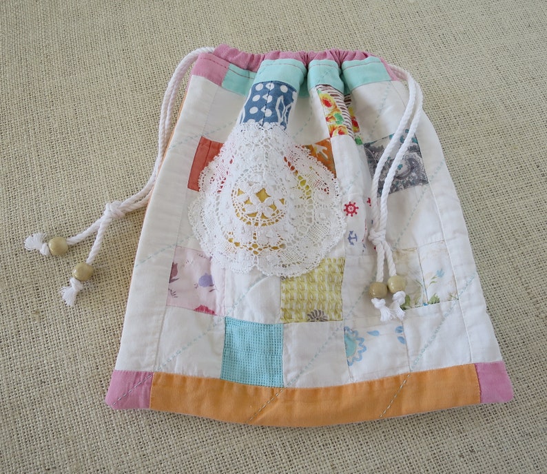 Vintage Patchwork Shabby Chic Upcycled Antique Quilt Travel Bag Makers Bag Lingerie bag Lightly Padded Electronics Pouch
