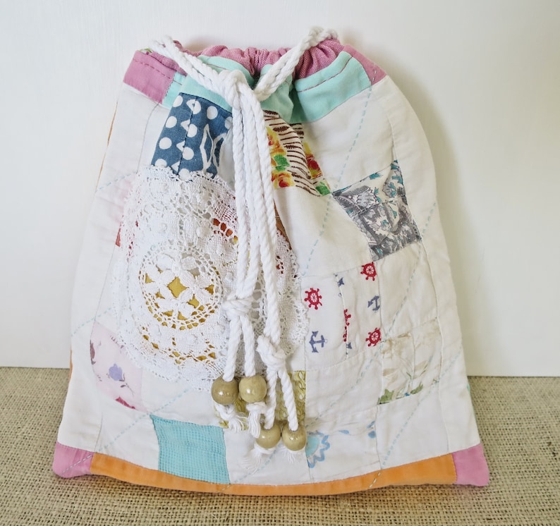 Vintage Patchwork Shabby Chic Upcycled Antique Quilt Travel Bag Makers Bag Lingerie bag Lightly Padded Electronics Pouch