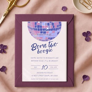 Inbjudan till Born Two Boogie 2-årsdag | Discofödelsedag | Dansfödelsedag | Redigerbar mall | Digital nedladdning | Utskrivbar Canva