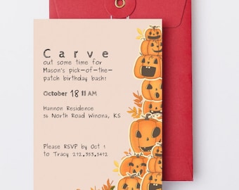 Pumpkin Carving Birthday Invitation | Editable Fall Kids Birthday Party Invite | Spooky Pumpkin Patch Invite | Printable Instant Download