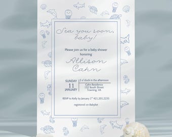 Szablon zaproszenia na baby shower „Sea You Soon” | Motyw oceaniczny | Edytowalne zaproszenie z motywem niebieskiego zwierzęcia morskiego | Baby shower „Pod wodą” | Neutralne pod względem płci