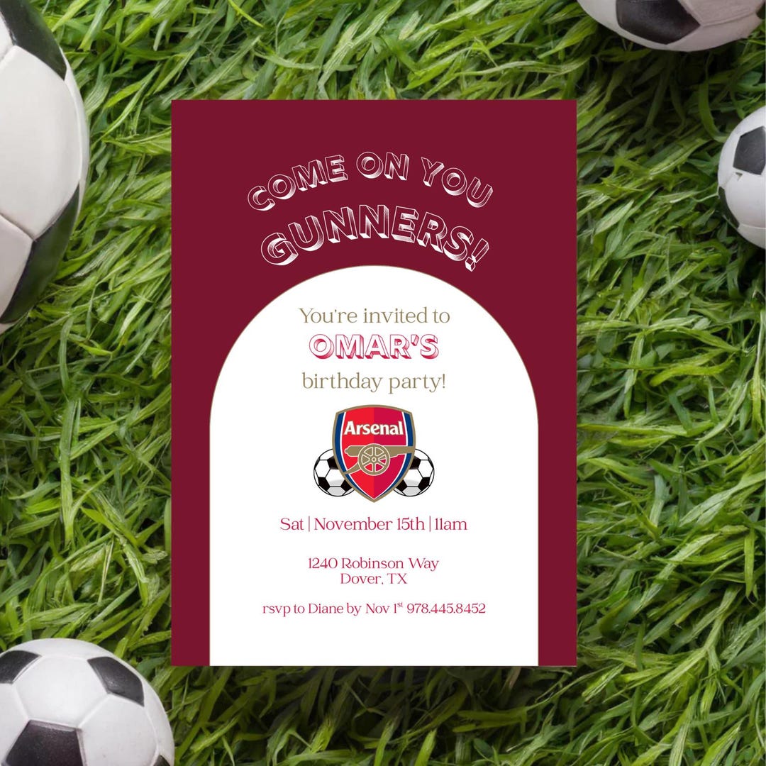 Arsenal Soccer Birthday Invitation Template | Arsenal Football Party ...