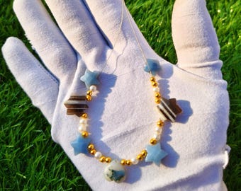 Moss Agate Necklace: Star & Heart Beads, AAA Grade Gemstone