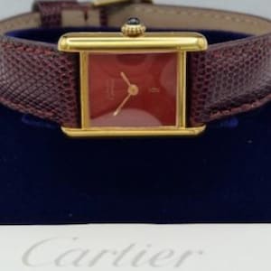 Vintage Cartier Tank Watch | 18ct Gold on Silver | Red Dial | Mechanical Hand-Wound | Ladies Luxury Timepiece | Burgundy Strap