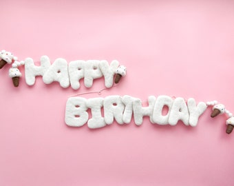 White HAPPY BIRTHDAY Felt Letter Garland with Mini Felt Balls & Ice Cream Cone Shapes