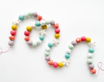 Bright Happy Summer Felt Ball Garland w/ Stars Collaboration w/ @opalplusolive & @thepeachydot 2022, Bunting, Banner