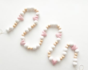 Pale Pink Natural Heart Felt Ball Garland with Wooden Beads - Bunting, Banner