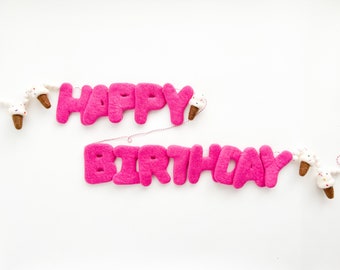 Bright Pink HAPPY BIRTHDAY Felt Letter Garland with Mini Felt Balls & Ice Cream Cone Shapes