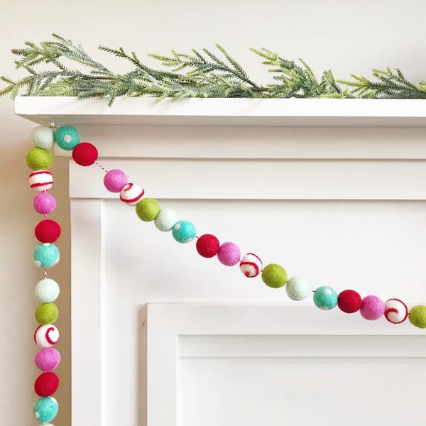 Candyland Christmas Felt Ball Garland, Banner, Bunting with Peppermint Candy Felt Option