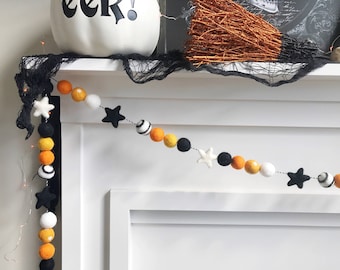 Halloween Star Felt Ball Garland - Black, Ivory, Orange, and Gold - with Swirls and Polka Dots - READY TO SHIP!