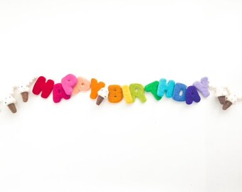 Mini HAPPY BIRTHDAY Rainbow Felt Letter Garland with Mini Felt Balls & Ice Cream Cone Shapes