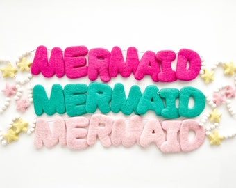 MERMAID Felt Letter Garland with Mini Felt Balls & Star Shapes - 3 Letter Color Options / 2 Star Color Options