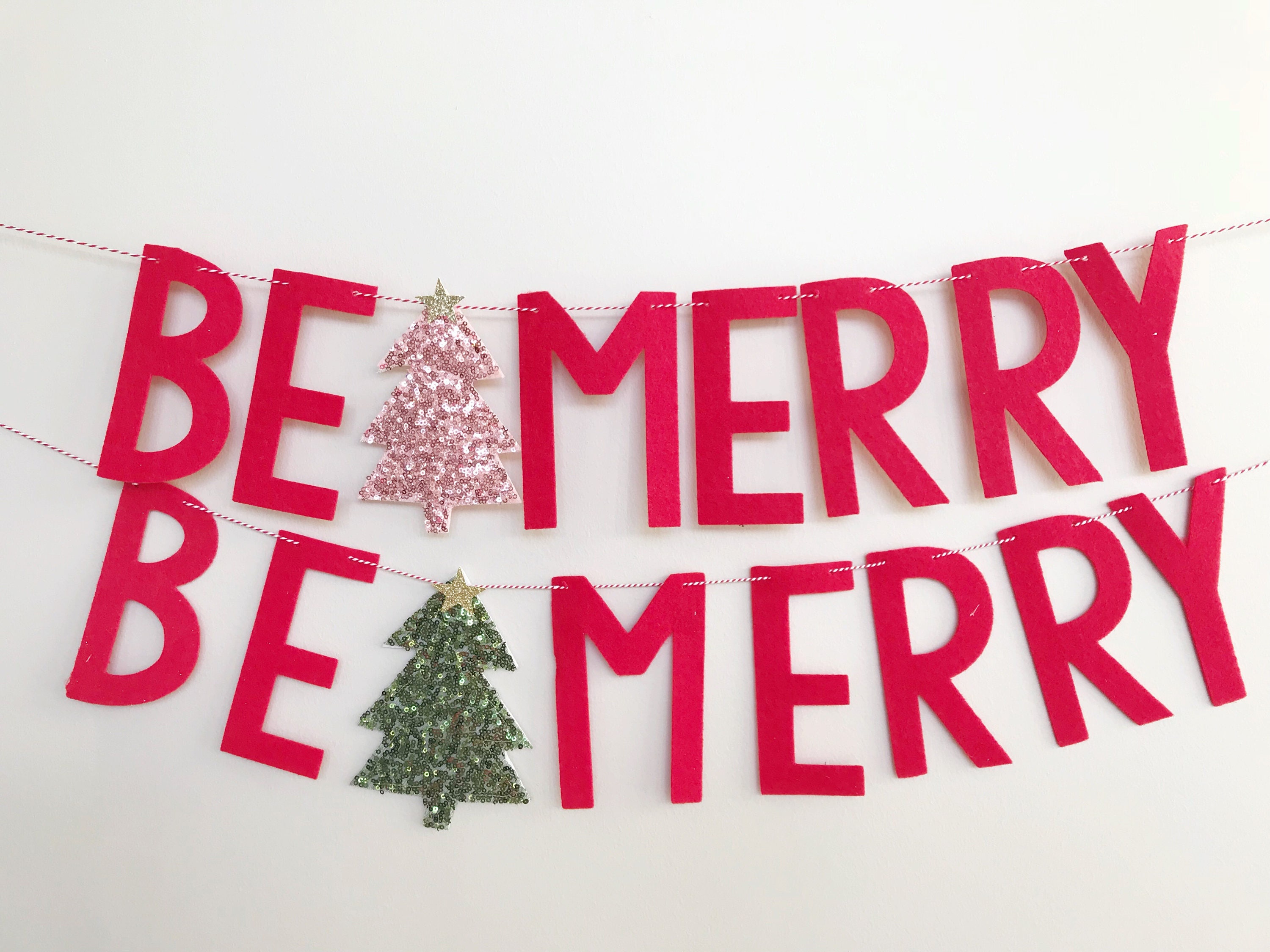 BE MERRY Felt Letter Banner With Sequin Tree - Bunting, Garland ...
