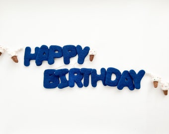 Blue HAPPY BIRTHDAY Felt Letter Garland with Mini Felt Balls & Ice Cream Cone Shapes