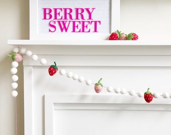 Strawberry Themed Felt Ball Garland, Bunting, Banner - White, Pink, and Red - Berry Sweet