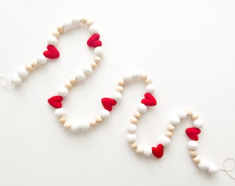 Red Natural Heart Felt Ball Garland with Wooden Beads - Bunting, Banner