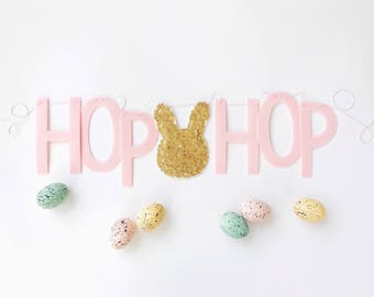Hop Hop - Felt Letter Banner with Sequin Bunny - Garland, Bunting - Pink, Gold, White
