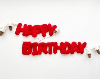 Red HAPPY BIRTHDAY Felt Letter Garland with Mini Felt Balls & Ice Cream Cone Shapes