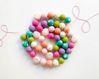 Pink Peppermint Rainbow Felt Ball Garland, Bunting, Banner - Christmas, Holiday, Decor