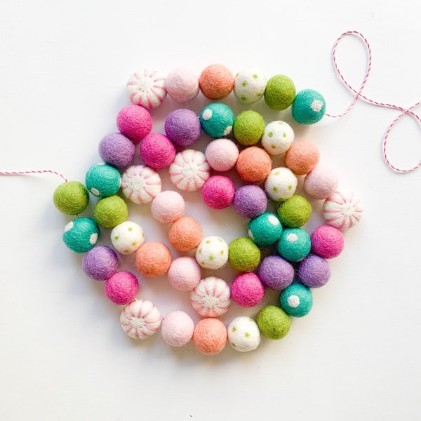 Pink Peppermint Rainbow Felt Ball Garland, Bunting, Banner - Christmas, Holiday, Decor