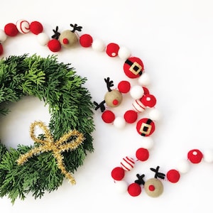 Santa&#39;s Reindeer Felt Ball Garland, Bunting, Banner - Christmas, Holiday, Decor