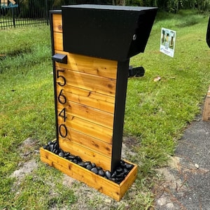 Modern House Number Mailbox Post | Cedar & Metal Address Sign | Custom Outdoor Mailbox with Solar Light Option