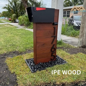 Modern Ipe Wood Mailbox Post | Custom Address Sign with Black Mailbox | Luxury Outdoor Mailbox Stand